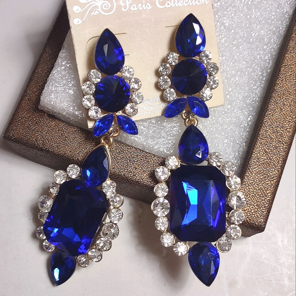 Fancy Blue Rectangle Crystal Drop Earrings